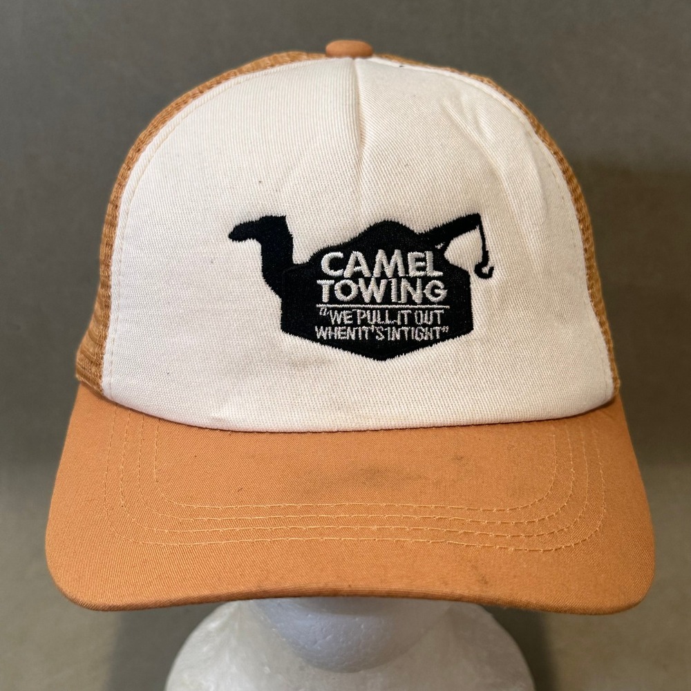 Camel Towing Funny Trucker Hat Tan White Mesh Snapback Novelty‎ Cap